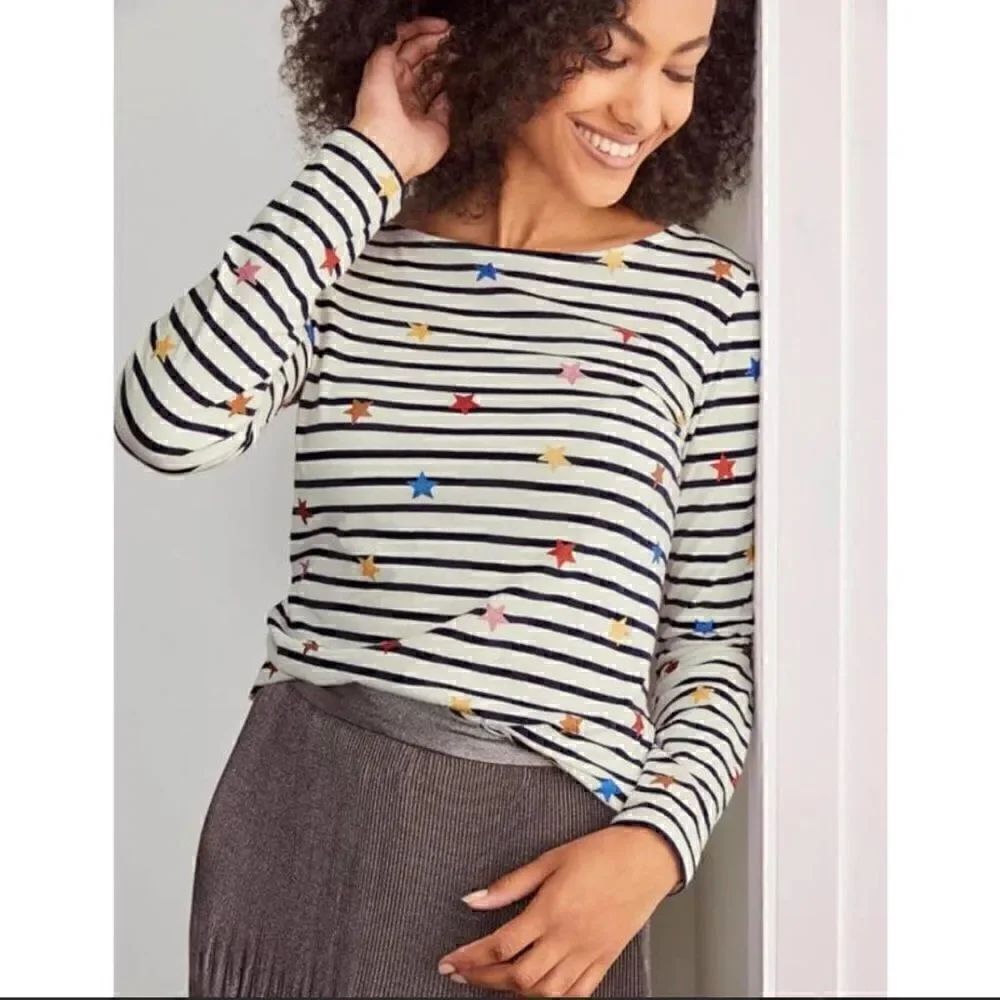 Boden Christmas Breton Shirt patriotic stars stripes glitter long sleeve NEW